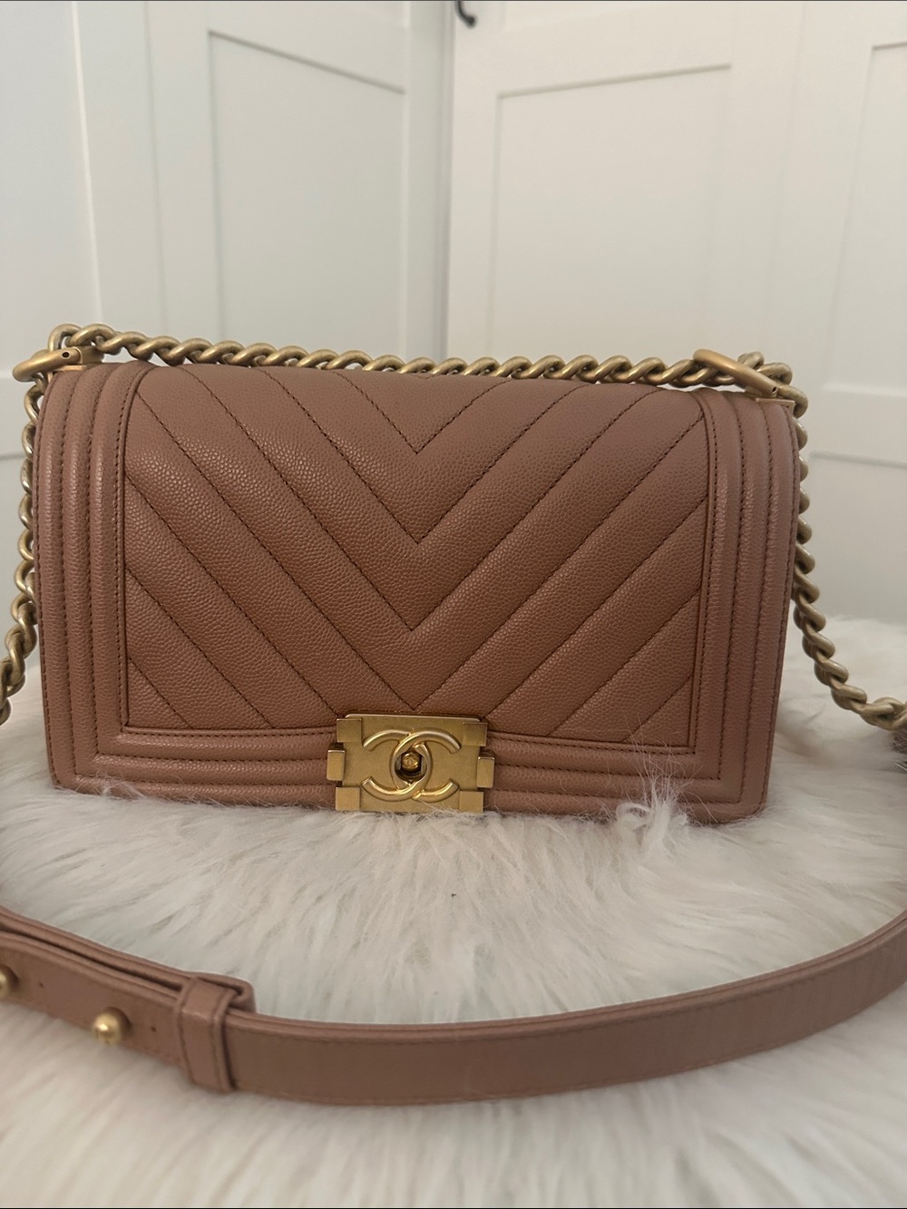 CHANEL Boy Bag Chevron caviar leather Medium Size with Gold hardware.